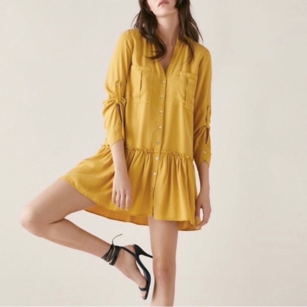 Zara Shirt Dress Mustard Yellow With Ruffled Hem - Picture 3 of 15